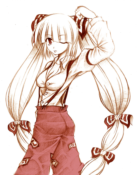 1girl, alternate_hairstyle, arm_up, bow, dress_shirt, female_focus, fujiwara_no_mokou, hair_bow