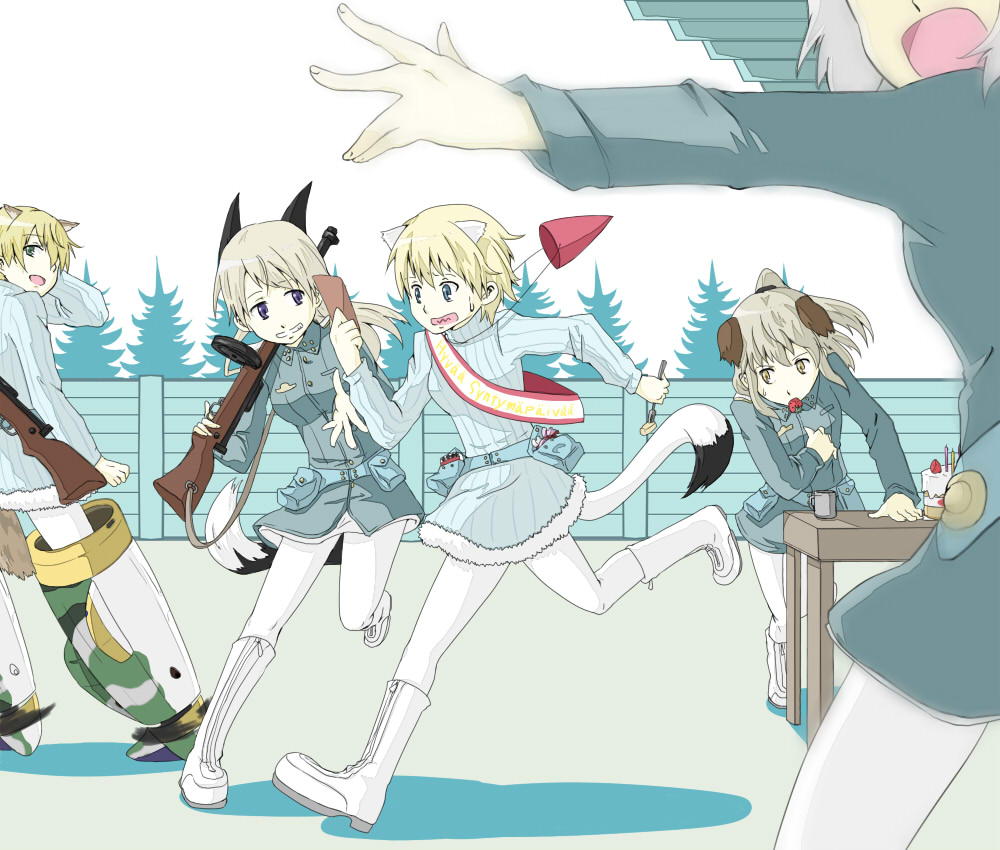 10s, 5girls, boots, brave_witches, drum_magazine, eila_ilmatar_juutilainen, elma_leivonen, finnish_text