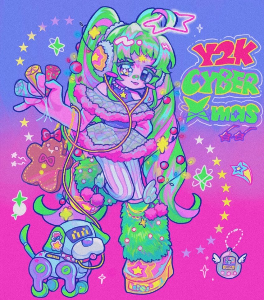 1girl, christmas, colorful, commentary, cyber_fashion, dog, dress, earmuffs