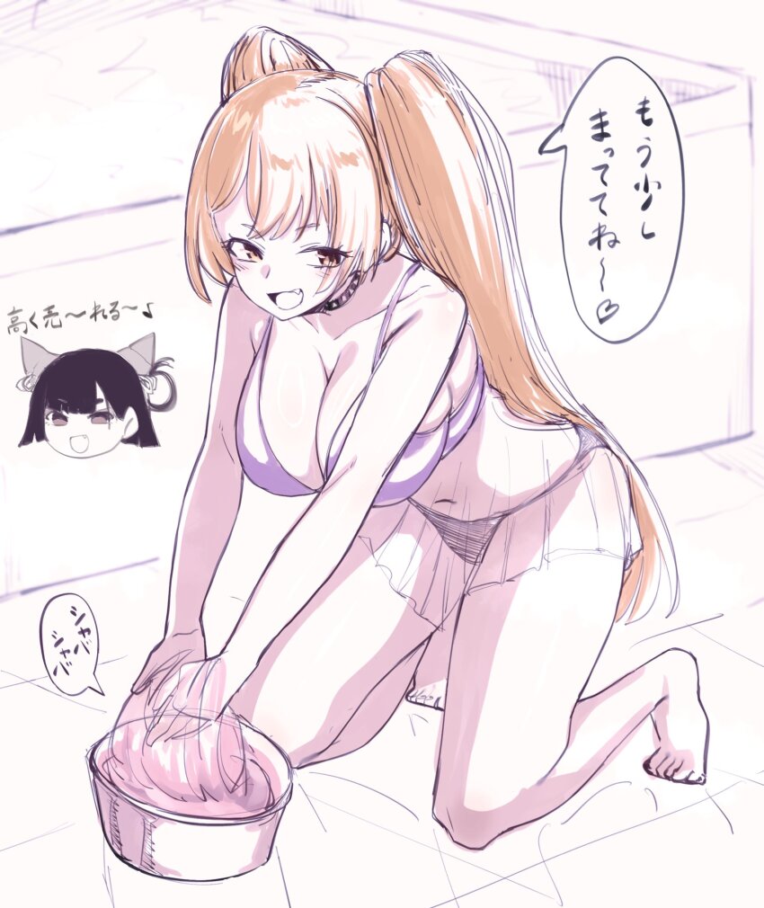 breasts, chibi, choker, cleavage, fang, highres, kathy_(nue_no_onmyouji), kyoko_(nue_no_onmyouji), lineart, minorun9, nue_no_onmyouji, panties, partially_colored, see-through_clothes, sketch, twintails, underwear