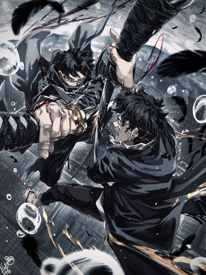 2boys, absurdres, black_coat, black_hair, black_jacket, coat, duel, endo_yohane