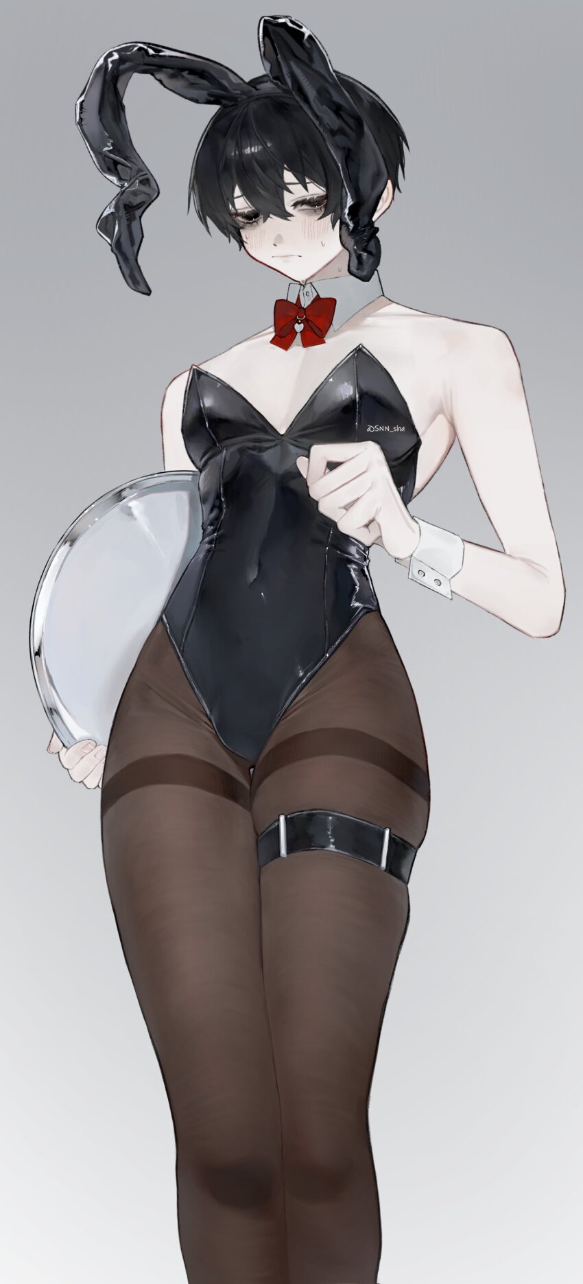 1boy, absurdres, animal_ears, black_eyes, black_hair, bow, bowtie, bracelet, cleavage_cutout, clothing_cutout, double-parted_bangs, drooping_headgear, hair_between_eyes, hand_up, highres, holding, holding_mirror, jewelry, leg_belt, limbus_company, looking_at_viewer, male_focus, male_playboy_bunny, mirror, pantyhose, project_moon, rabbit_ears, red_bow, red_bowtie, skin_tight, snn_shq, solo, yi_sang_(project_moon)