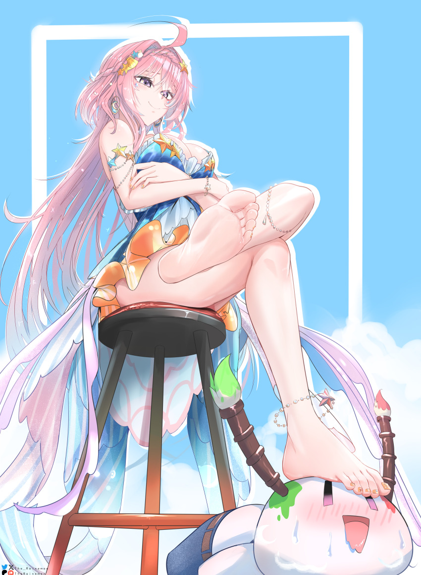1girl, absurdres, ahoge, airani_iofifteen, airani_iofifteen_(goddess), alternate_breast_size, anklet, artist_name, bare_legs, barefoot, blue_dress, blush, breasts, chair, cleavage, crescent_moon, crossed_arms, crossed_legs, dress, drooling, earrings, feet, foot_focus, from_below, highres, hololive, hololive_indonesia, ioforia_(airani_iofifteen), jewelry, large_breasts, long_hair, looking_down, moon, nail_art, nail_polish, on_chair, orange_nails, orange_toenails, pink_hair, purple_eyes, seashell, shell, sitting, smile, soles, solo, starfish, stepped_on, stool, sweat, the_raineman, toenail_polish, toenails, toes, virtual_youtuber