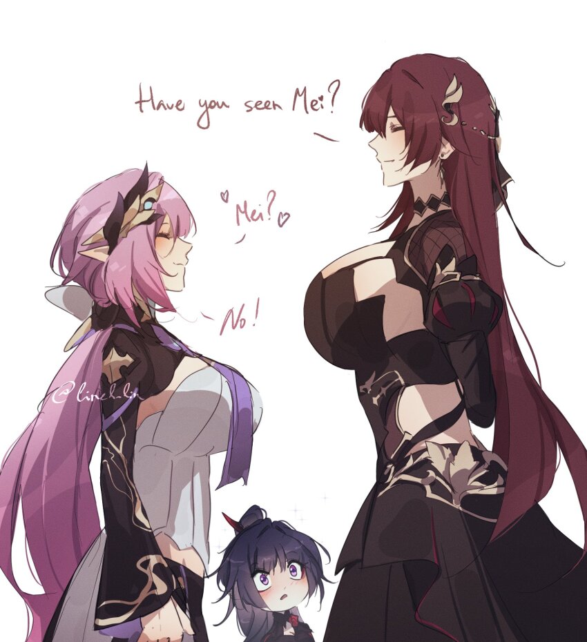 3girls, black_dress, breasts, brown_hair, corset, dress, eden_(honkai_impact), elf, elysia_(honkai_impact), elysia_(miss_pink_elf)_(honkai_impact), english_text, hair_ornament, hashtag-only_commentary, highres, honkai_(series), honkai_impact_3rd, huge_breasts, large_breasts, linel_lin, long_hair, looking_at_another, multiple_girls, pink_hair, pointy_ears, purple_eyes, purple_hair, raiden_mei, raiden_mei_(danzai_spectramancer), simple_background, white_background, white_corset