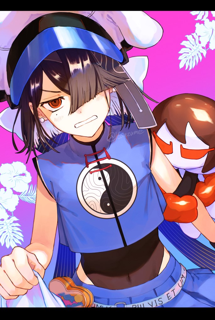 1girl, bare_shoulders, black_hair, black_one-piece_swimsuit, blue_shirt, blue_skirt, blush, breasts