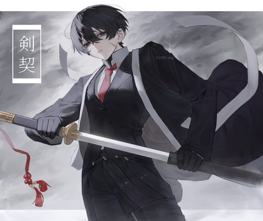 1boy, bags_under_eyes, belt, black_eyes, black_gloves, black_hair, black_suit, blade_lineage_(identity)_(project_moon)
