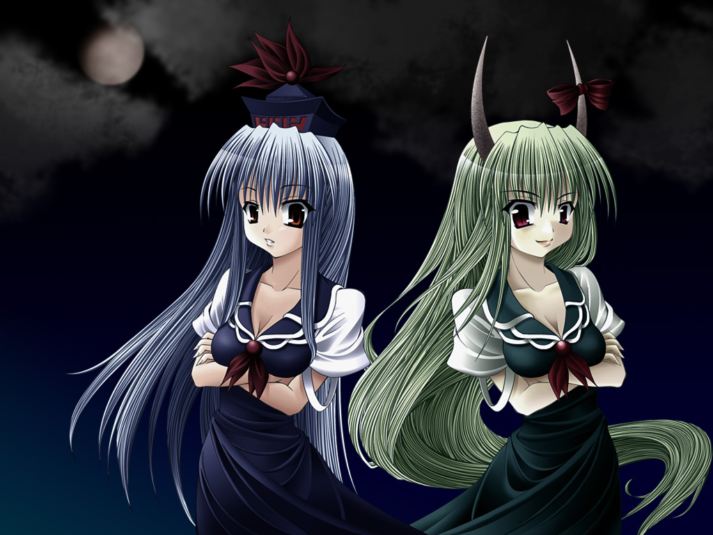 2girls, blue_hair, dual_persona, ex-keine, female_focus, full_moon, green_hair, hat