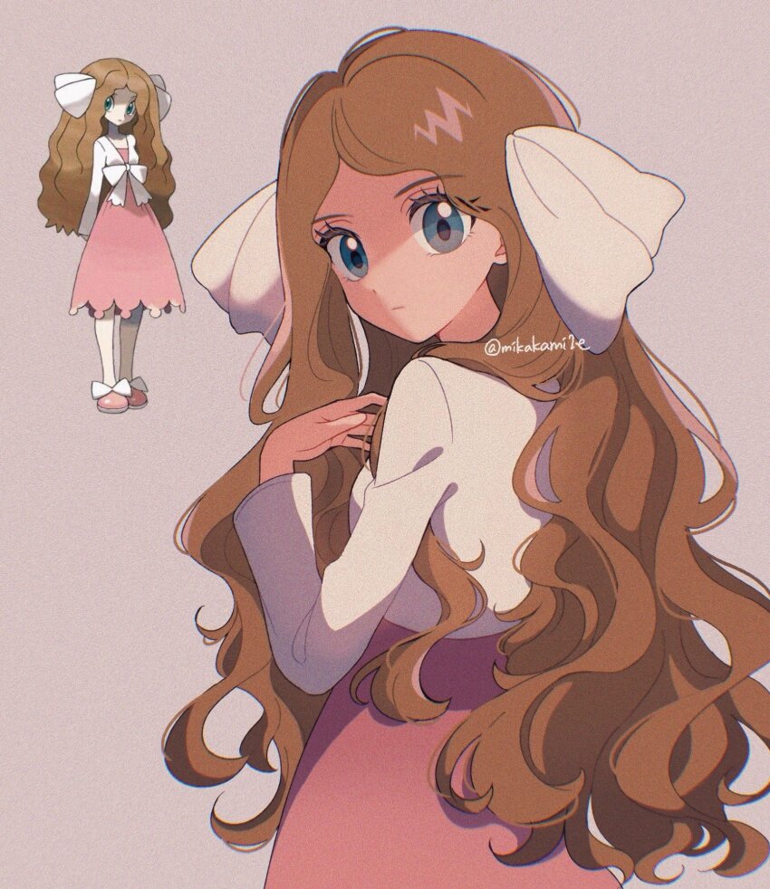 1girl, blue_eyes, brown_hair, caitlin_(pokemon), closed_mouth, dress, dress_under_shirt, eyelashes