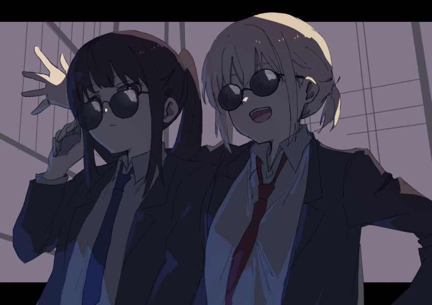 2girls, adjusting_eyewear, black_hair, black_jacket, blonde_hair, blue_necktie, closed_mouth, collared_shirt