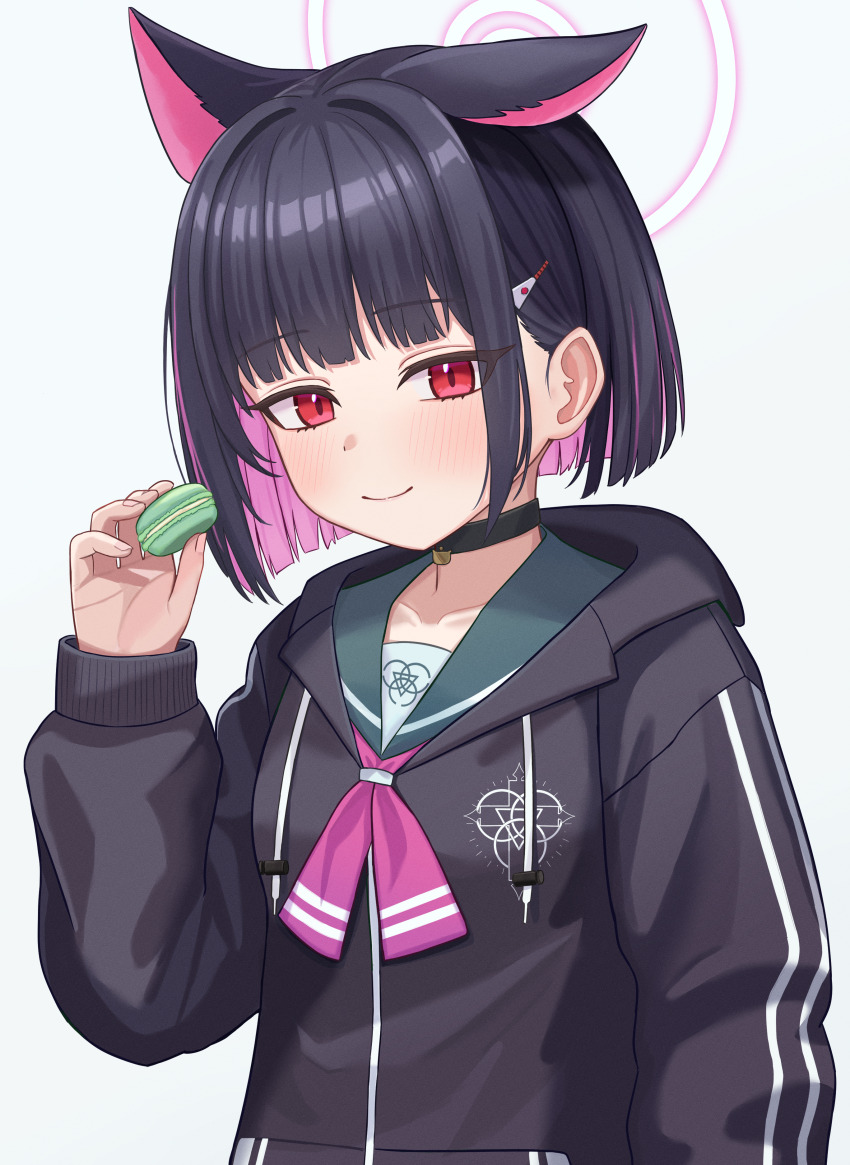 1girl, absurdres, animal_ears, black_choker, black_hair, black_hoodie, blue_archive, blunt_bangs