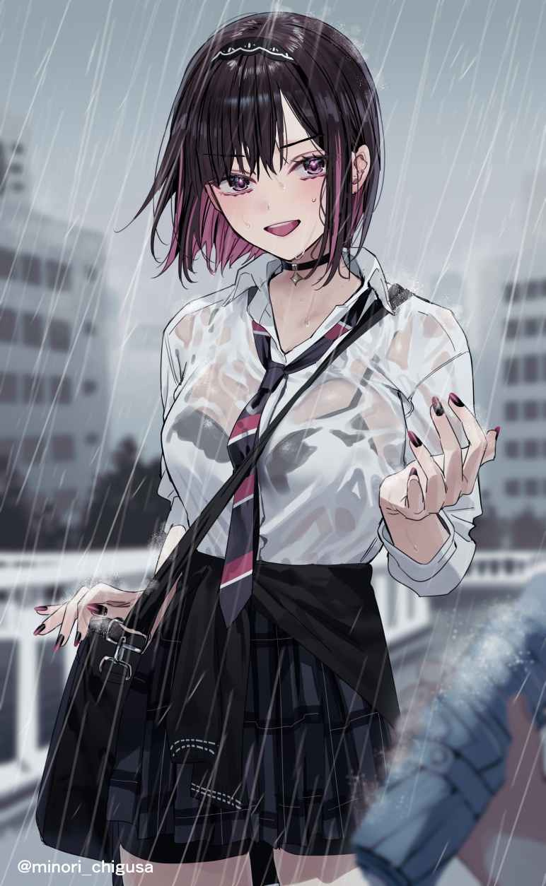 2girls, bag, bike_shorts, bike_shorts_under_skirt, black_bag, black_bra, black_cardigan, black_choker, black_hair, black_hairband, black_nails, black_necktie, black_shorts, blurry, blurry_background, blurry_foreground, bra, bra_visible_through_clothes, breasts, building, cardigan, cardigan_around_waist, chigusa_minori, choker, clothes_around_waist, collared_shirt, colored_inner_hair, commentary_request, depth_of_field, diagonal-striped_clothes, diagonal-striped_necktie, dress_shirt, folding_umbrella, gradient_nails, grey_skirt, hairband, highres, holding, holding_umbrella, looking_at_viewer, medium_breasts, multicolored_hair, multiple_girls, nail_polish, necktie, open_mouth, outdoors, pink_hair, plaid_clothes, plaid_skirt, pleated_skirt, pov, pov_hands, purple_nails, rain, saotome_shino_(shino_to_ren), school_bag, school_uniform, shino_to_ren, shirayuki_ren, shirt, short_hair, shorts, shoulder_bag, skirt, smile, solo_focus, striped_clothes, teeth, textless_version, three-quarter_sleeves, twitter_username, two-tone_hair, two-tone_necktie, umbrella, underwear, upper_teeth_only, wet, wet_clothes, wet_hair, wet_shirt, white_shirt