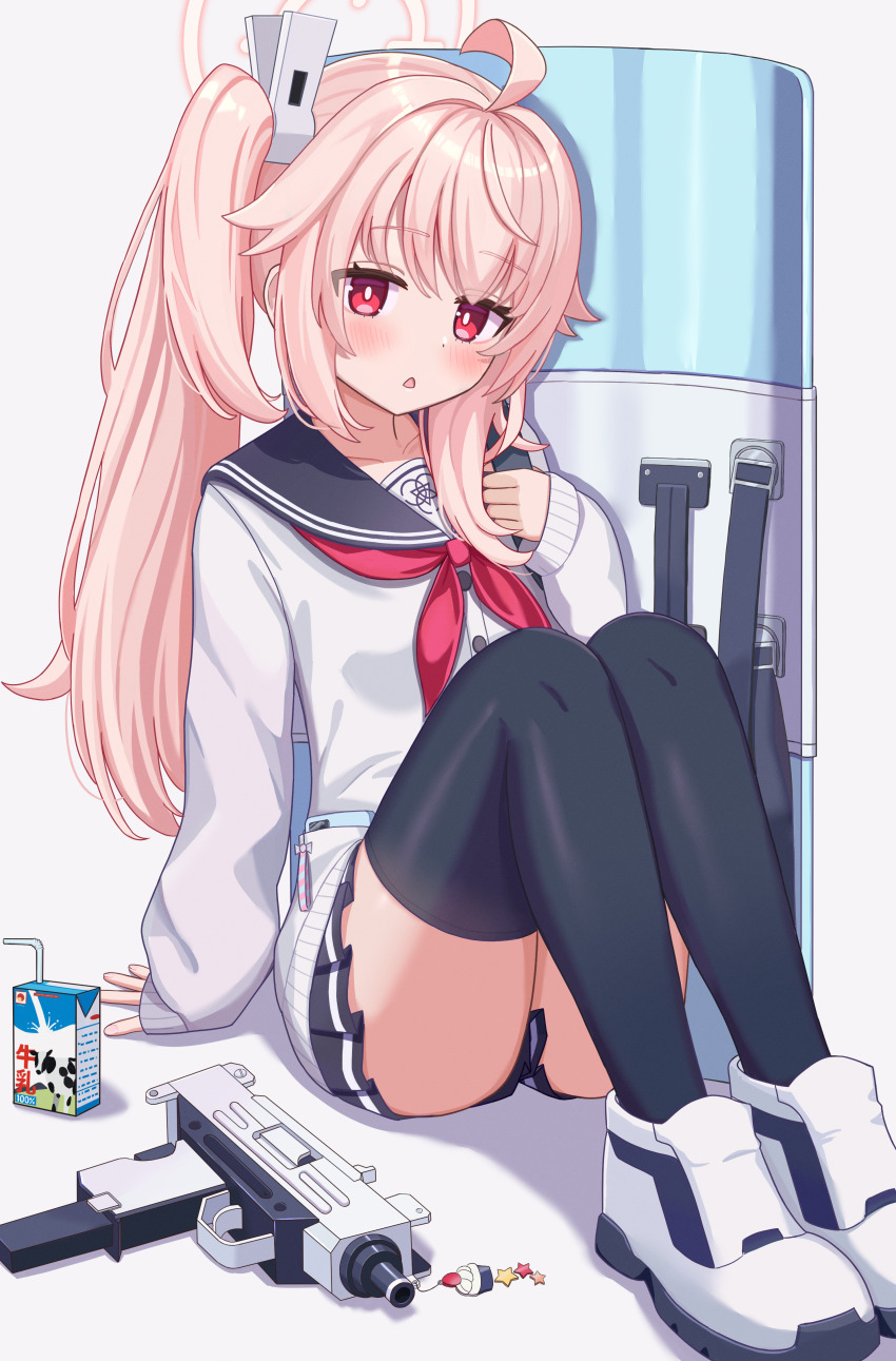 1girl, absurdres, ahoge, arm_support, asymmetrical_sidelocks, black_thighhighs, blue_archive, blue_sailor_collar, blue_skirt, bright_pupils, buttons, cardigan, charm_(object), collarbone, commentary_request, dot_nose, drink_carton, drinking_straw, full_body, gun, halo, highres, knees_up, light_blush, long_sleeves, looking_at_viewer, micro_uzi, milk_carton, miniskirt, natsu_(blue_archive), neckerchief, onemune6, open_mouth, pink_hair, pink_halo, pleated_skirt, puffy_long_sleeves, puffy_sleeves, red_eyes, red_neckerchief, riot_shield, sailor_collar, shadow, shield, shoes, side_ponytail, sidelocks, sitting, skirt, sneakers, solo, submachine_gun, thighhighs, triangle_mouth, weapon, white_cardigan, white_pupils, white_shoes