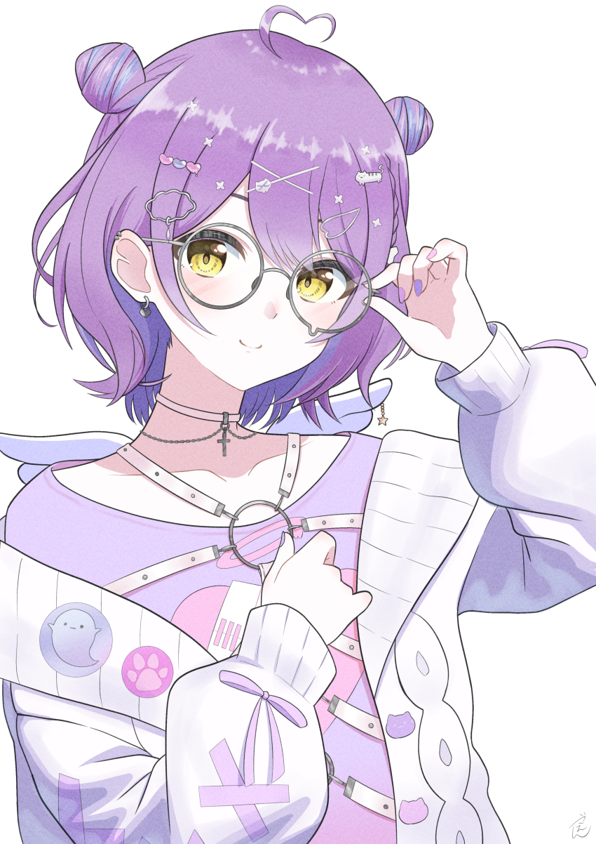 1girl, absurdres, ahoge, blush, cardigan, chest_harness, choker, closed_mouth