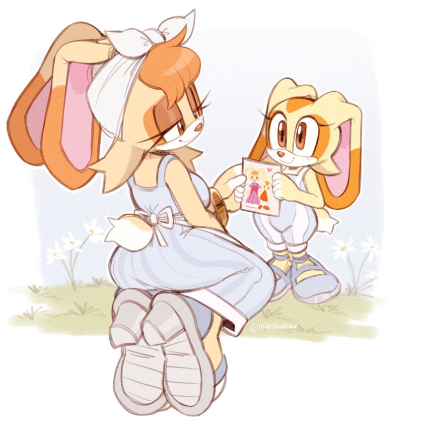 2girls, age_difference, blue_dress, blue_overalls, breasts, brown_eyes, child, cream_the_rabbit, curvy, drawing_(object), dress, eyelashes, flower, grass, hair_tied, high_heels, highres, medium_breasts, milkchaotea, mother_and_child, mother_and_daughter, multiple_girls, narrowed_eyes, outdoors, overalls, parent_and_child, plump, rabbit, rabbit_ears, rabbit_girl, rabbit_tail, ribbon, sega, shoes, simple_background, sonic_(series), three-toned_fur, tied_up_hair, vanilla_the_rabbit, very_long_ears