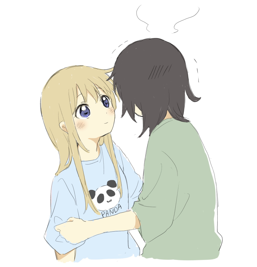 2girls, animal_print, bear_print, blonde_hair, blue_eyes, blue_shirt, blush, brown_hair