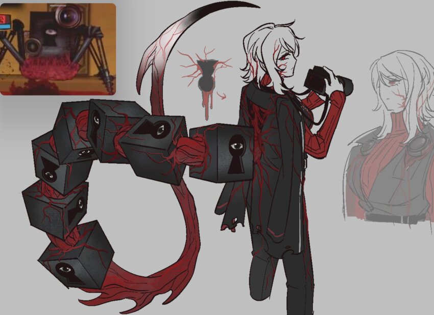 1girl, black_coat, black_pants, camera, coat, coat_on_shoulders, eyeball, faust_(project_moon)