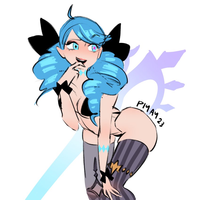 1girl, ahoge, artist_name, ass, bikini, black_bikini, black_bow, blue_hair, bow, breasts, cleavage, drill_hair, finger_to_mouth, gwen_(league_of_legends), hair_bow, hair_ornament, highres, index_finger_raised, league_of_legends, long_hair, medium_breasts, open_mouth, piyay23, skindentation, smile, solo, striped_clothes, striped_thighhighs, swimsuit, symbol-shaped_pupils, teeth, thighhighs, twin_drills, twintails, upper_teeth_only, vertical-striped_clothes, vertical-striped_thighhighs