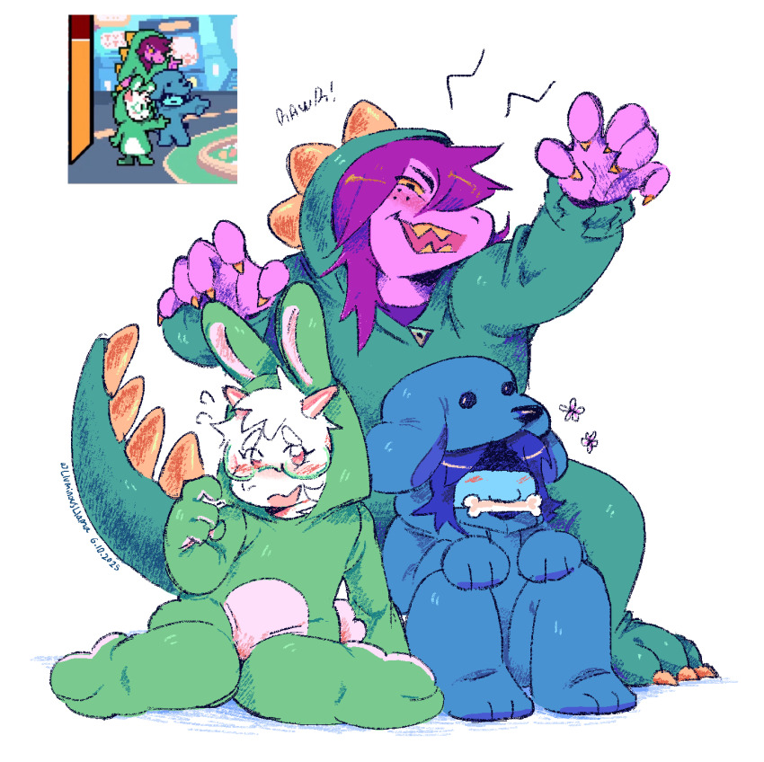 1boy, 1girl, 1other, animal_costume, animal_ears, blue_skin, bone, bone_in_mouth, claws, colored_skin, deltarune, dog_costume, furry, furry_female, furry_male, goat_boy, goat_ears, green-framed_eyewear, highres, kris_(dark_world)_(deltarune), kris_(deltarune), kris_(susiezilla)_(deltarune), lluminousllama, purple_skin, rabbit_costume, rabbit_ears, ralsei, ralsei_(susiezilla), reference_inset, reptile_girl, sharp_teeth, simple_background, smile, susie_(dark_world)_(deltarune), susie_(deltarune), susiezilla, teeth, utdr_(toby_fox), white_fur