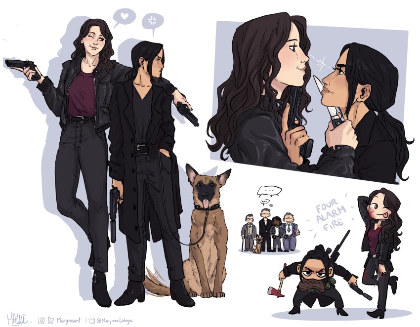 3boys, 3girls, absurdres, animal, axe, bear_(person_of_interest), black_hair, black_pants