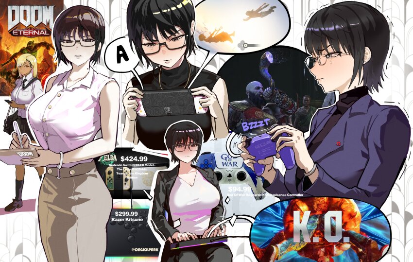 3girls, 6+boys, absurdres, afterimage, arcade_stick, bag, bald, bare_arms, beard, black-framed_eyewear, black_eyes, black_hair, black_jacket, black_necktie, black_pants, black_shoes, black_skirt, black_socks, black_sweater, blonde_hair, blowing_horn, blush, bracelet, breast_pocket, breasts, closed_mouth, collared_shirt, commentary, controller, copyright_name, cover, cowboy_shot, dark-skinned_female, dark_skin, dollar_sign, doom_(series), doom_eternal, doomguy, dress_shirt, dualsense, english_commentary, facial_hair, fatal_fury, full_body, game_controller, game_screenshot_inset, glasses, god_of_war, god_of_war_ragnarok, grey_skirt, gyaru, handheld_game_console, highres, hildisvini_(god_of_war), holding, holding_controller, holding_game_controller, holding_handheld_game_console, holding_phone, jacket, jewelry, joy-con, joystick, k.o., kratos_(god_of_war), lapel_pin, large_breasts, leverless_arcade_stick, link, looking_at_another, mole, mole_on_neck, motion_lines, multiple_boys, multiple_girls, multiple_views, necktie, necktie_over_shoulder, nintendo, nintendo_switch, office_lady, omega_symbol, open_clothes, open_jacket, orange_eyes, original, pants, park_ongjol, parted_lips, phone, playing_games, playing_video_games, playstation_controller, playstation_logo, pocket, price, princess_zelda, product_placement, purple_jacket, razer, rock_fan_gyaru_(park_ongjol), school_bag, school_uniform, shirt, shirt_tucked_in, shoes, short_hair, shoulder_bag, sitting, skirt, sleeveless, sleeveless_shirt, sleeveless_sweater, socks, street_fighter, street_fighter_6, suit_jacket, sweater, tearing_up, terry_bogard, the_legend_of_zelda, the_legend_of_zelda:_tears_of_the_kingdom, trembling, v-neck, video_game_cover, video_game_office_lady_(park_ongjol), white_shirt, zangief