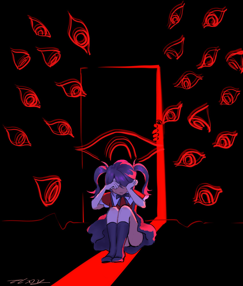 +infinitytlxy, 1girl, ame-chan_(needy_girl_overdose), black_background, black_hair, black_leggings, covered_eyes, crying, curled_up, hair_over_one_eye, hand_on_own_face, highres, horizontal_spotlight, knees_up, leaning_forward, leggings, looking_at_another, neck_ribbon, needy_girl_overdose, opening_door, red_light, ribbon, rubbing_eyes, short_twintails, skirt, suspender_skirt, suspenders, too_many_eyes, twintails