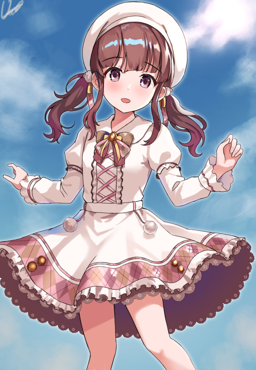 1girl, beret, bow, bowtie, brown_bow, brown_bowtie, cowboy_shot, dot_nose