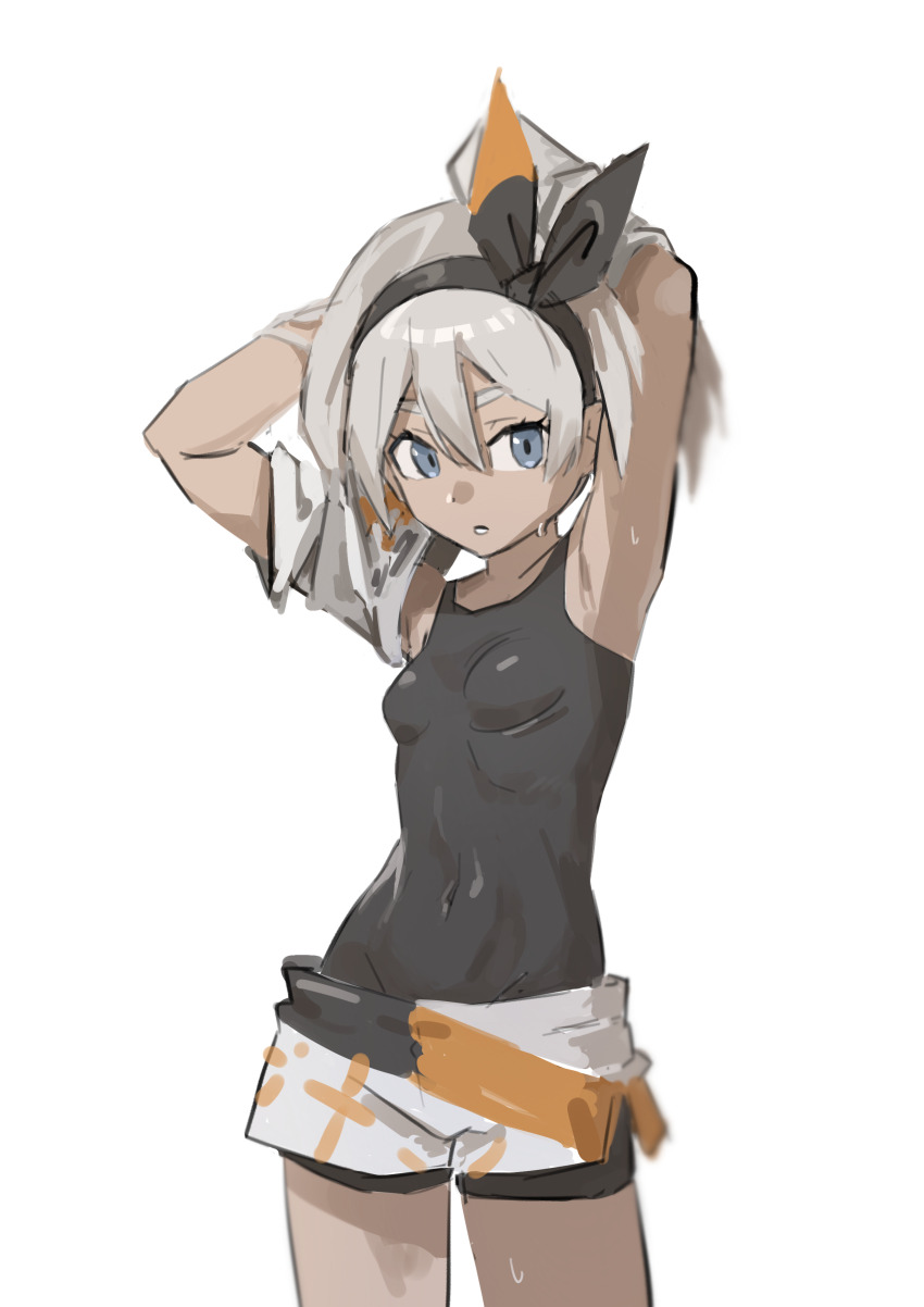 1girl, absurdres, arms_behind_head, arms_up, bea_(pokemon), bodysuit, bodysuit_under_clothes, breasts