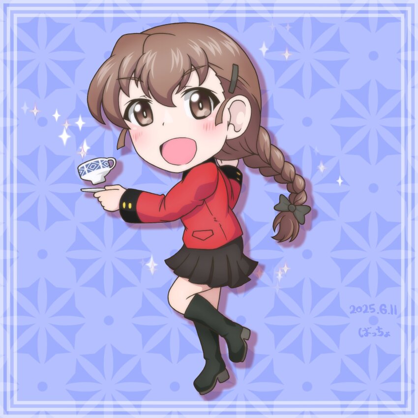 1girl, absurdres, black_boots, black_ribbon, black_skirt, blue_background, blush, boots