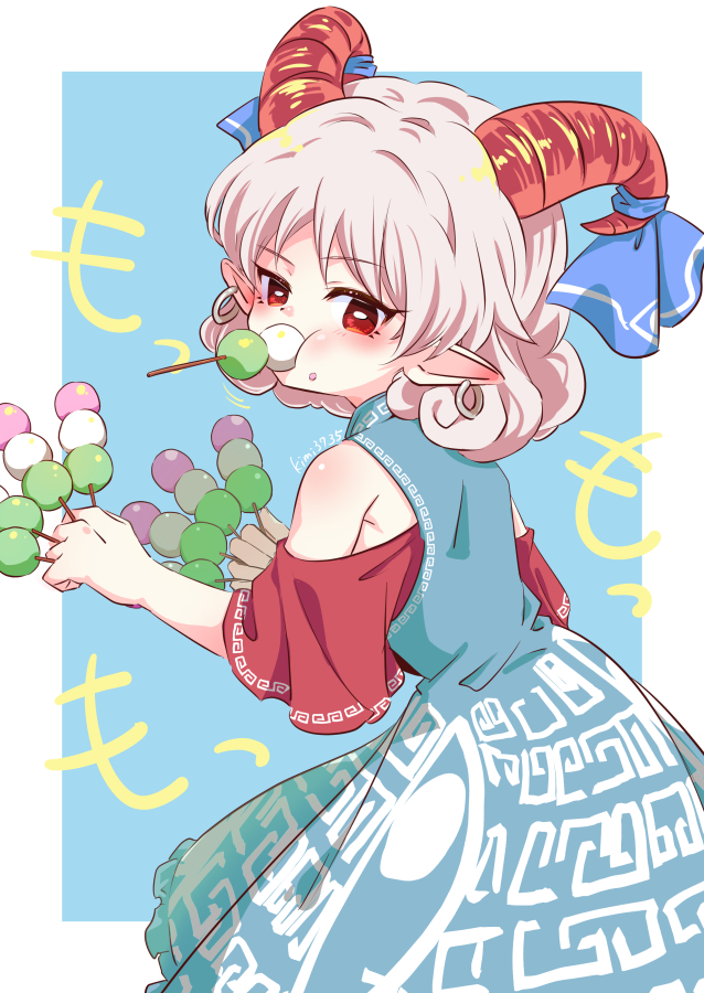 1girl, bare_shoulders, blue_bow, blue_dress, border, bow, chinese_clothes, dango