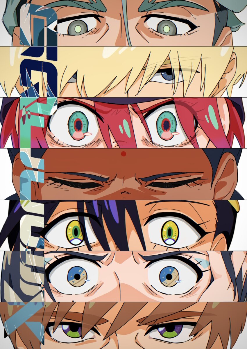 3boys, 4girls, amate_yuzuriha, aqua_eyes, black_hair, blonde_hair, brown_hair, challia_bull