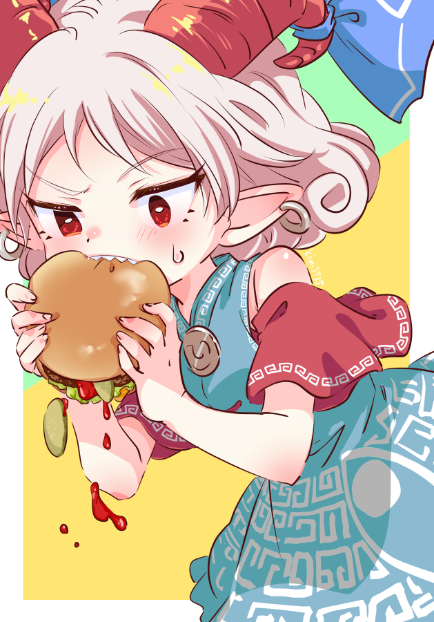 1girl, bare_shoulders, biting, blue_bow, blue_dress, border, bow, burger