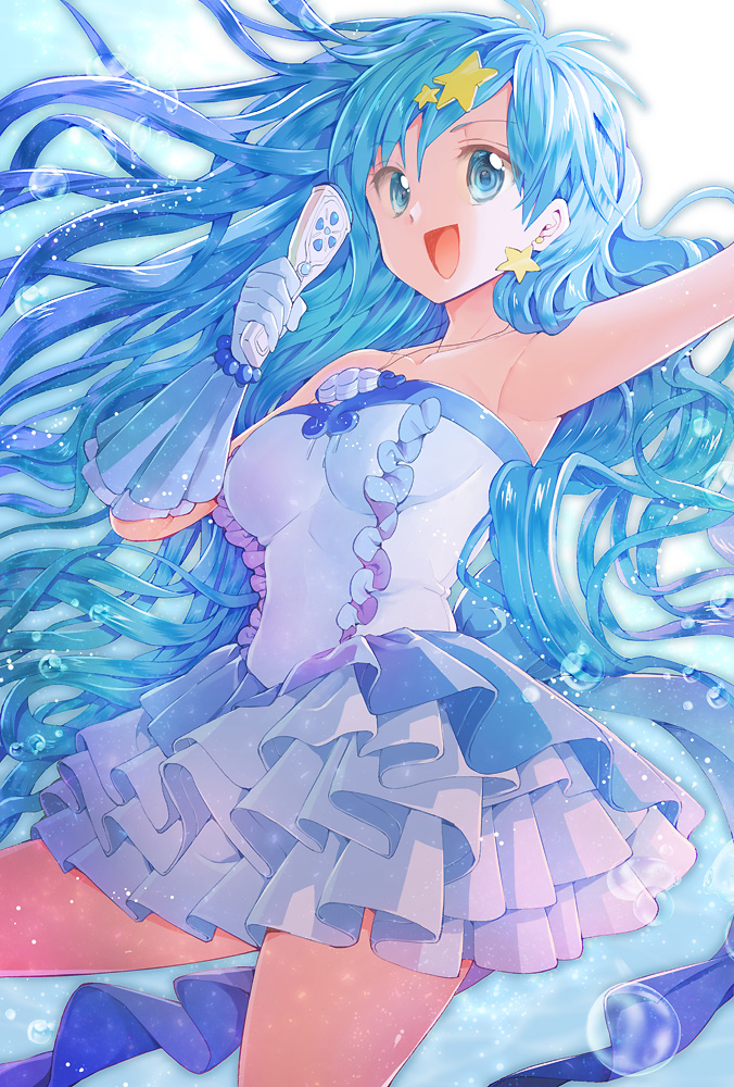 1girl, arm_up, armpits, blue_eyes, blue_gloves, blue_hair, breasts, collarbone