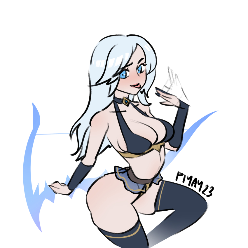 1girl, artist_name, ashe_(league_of_legends), bikini, black_nails, black_shirt, black_thighhighs, blue_eyes