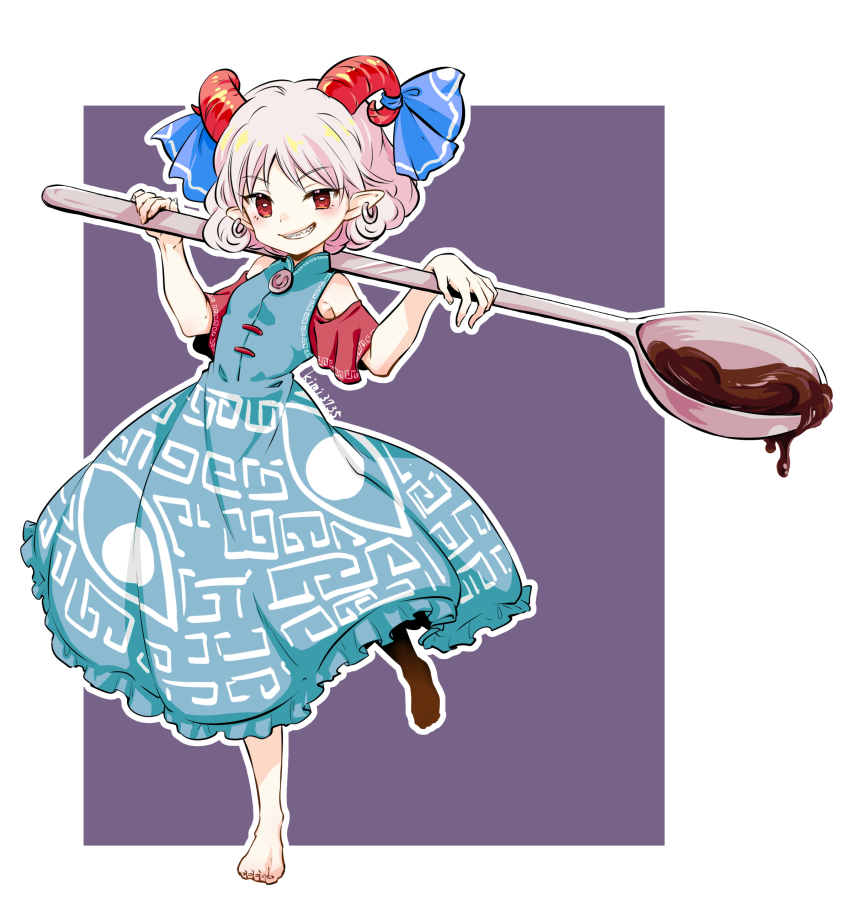 1girl, arms_up, bare_shoulders, barefoot, blue_bow, blue_dress, border, bow