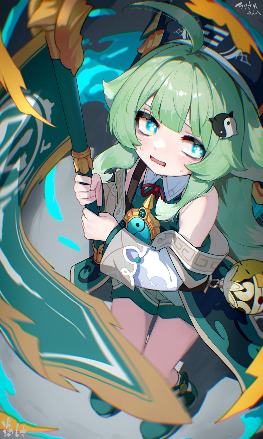 1girl, ahoge, animal_ears, bell, blue_eyes, blue_hat, bright_pupils, chromatic_aberration