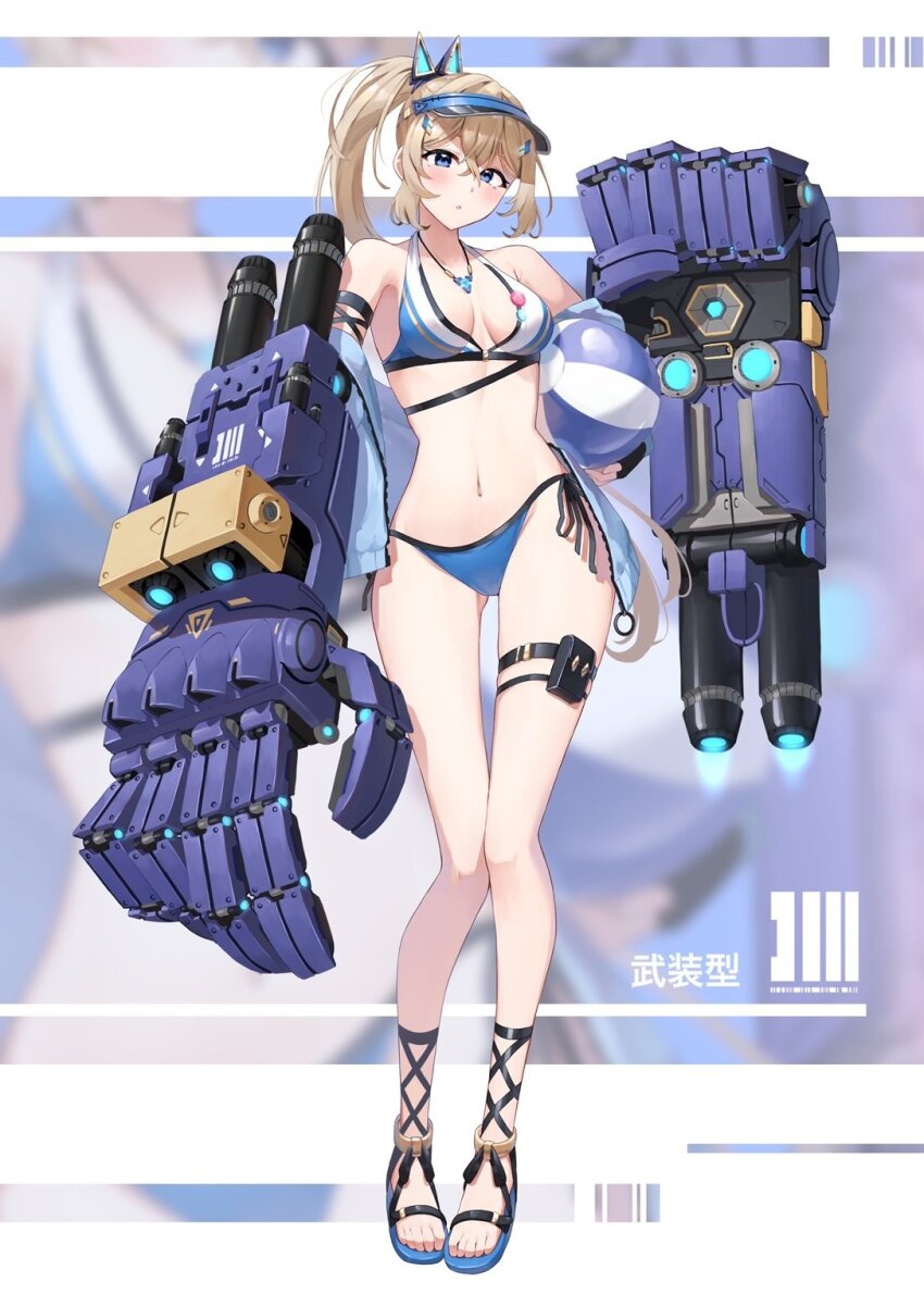 1girl, ankle_lace-up, arm_strap, ball, bare_legs, bare_shoulders, beachball, bikini