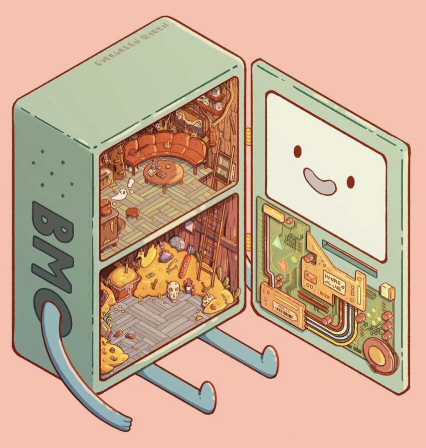 absurdly_detailed_composition, adventure_time, animal_skull, artist_name, axe, bathtub, bmo, bone