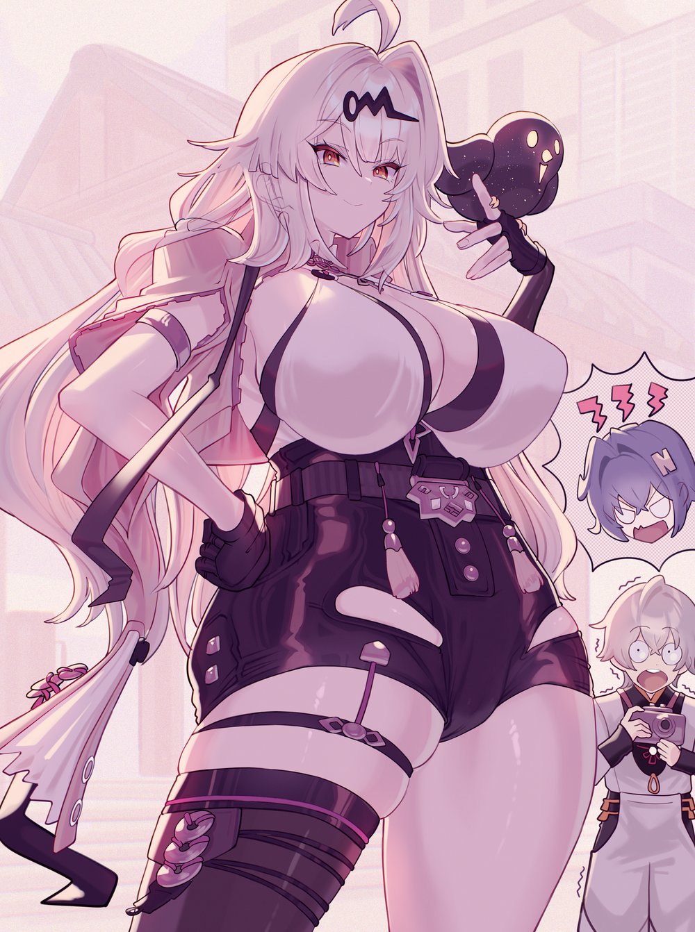 1boy, 2girls, asymmetrical_gloves, belle_(zenless_zone_zero), black_shorts, blue_hair, camera, fingerless_gloves, gloves, grey_hair, high-waist_shorts, highres, holding, holding_camera, long_hair, multiple_girls, shirogami_seisho, shorts, single_hair_intake, skindentation, thick_thighs, thighs, trembling, uneven_gloves, vest, white_hair, wise_(zenless_zone_zero), yellow_eyes, yellow_vest, yixuan_(zenless_zone_zero), yin_yang_pin, zenless_zone_zero