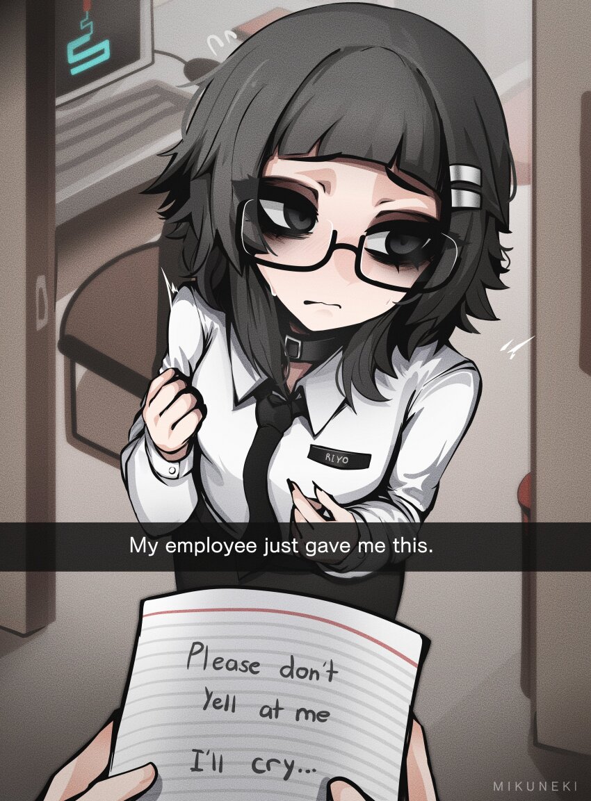 1girl, ^^^, absurdres, artist_name, averting_eyes, black-framed_eyewear, black_choker, black_eyes