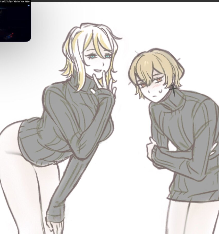 1boy, 1girl, blonde_hair, closed_mouth, cosplay, cowboy_shot, crossed_arms, earrings