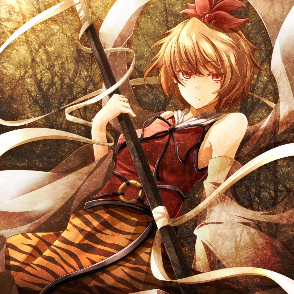 1girl, animal_print, blonde_hair, detached_sleeves, female_focus, hair_ornament, polearm, red_eyes