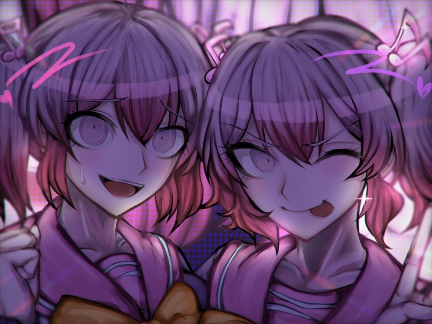2girls, bow, collarbone, danganronpa_another, f0rtavv12o7, fortissimo, gradient_hair, hair_ornament