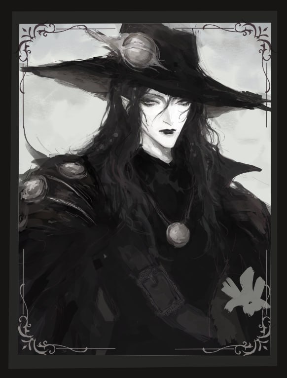 1boy, collared_coat, commentary, d_(vampire_hunter_d), greyscale, hair_between_eyes, hat, kirkkafrr