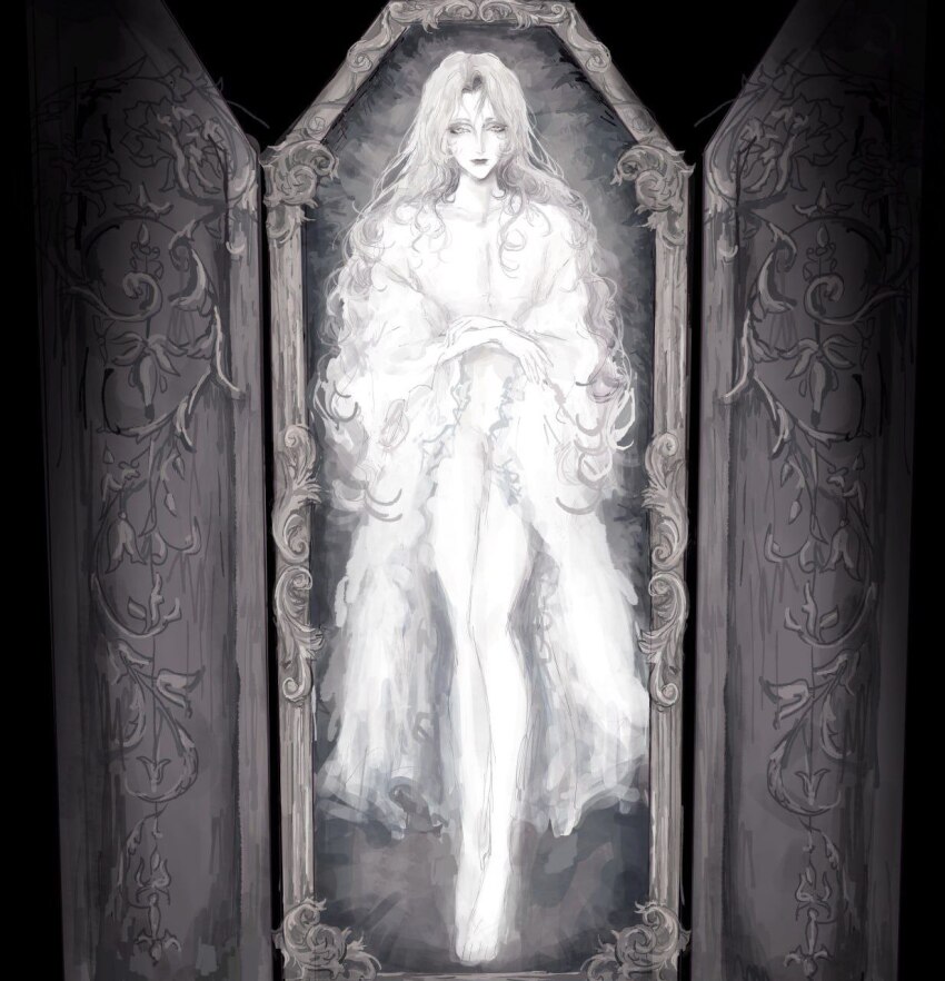 1boy, alucard_(castlevania), black_background, castlevania_(series), coat, coffin, commentary, crossed_arms