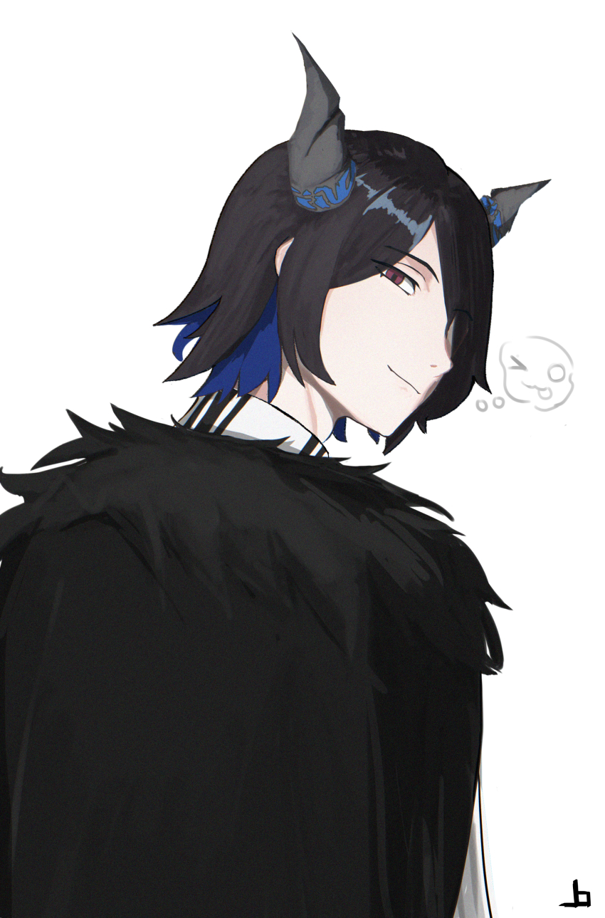 1boy, absurdres, black_cloak, black_hair, black_horns, blue_hair, cloak, closed_mouth, colored_inner_hair, fur-trimmed_cloak, fur_trim, hair_over_one_eye, highres, hololive, hololive_english, horns, joadv, malphis_ravencroft_ii, multicolored_hair, red_eyes, simple_background, slit_pupils, solo, virtual_youtuber, white_background