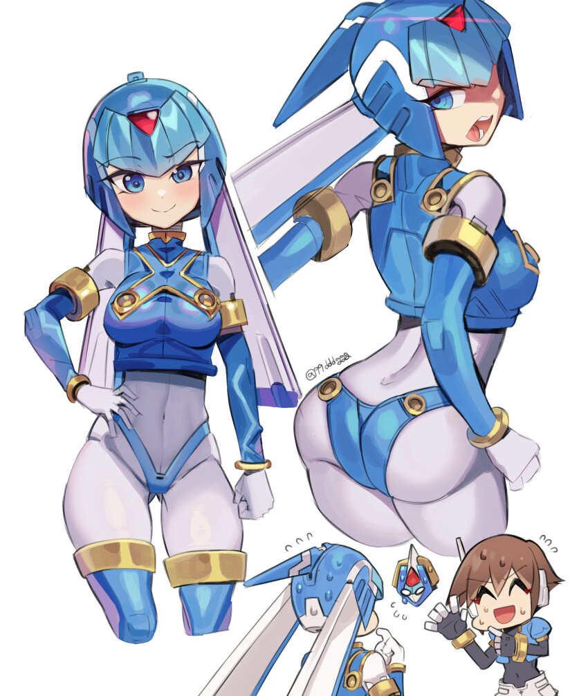 2girls, absurdres, aile_(mega_man_zx), android, annoyed, armor, ass, bikini_armor, biometal, blue_armor, blue_helmet, blush, breasts, cowboy_shot, ddg160, fairy_leviathan_(mega_man), fins, forehead_jewel, from_behind, hand_on_own_hip, head_fins, helmet, highres, large_breasts, legs, mega_man_(series), mega_man_zero_(series), mega_man_zx, model_l_(mega_man), multiple_girls, multiple_views, navel, robot_ears, simple_background, smile, thighs, twitter_username, white_background