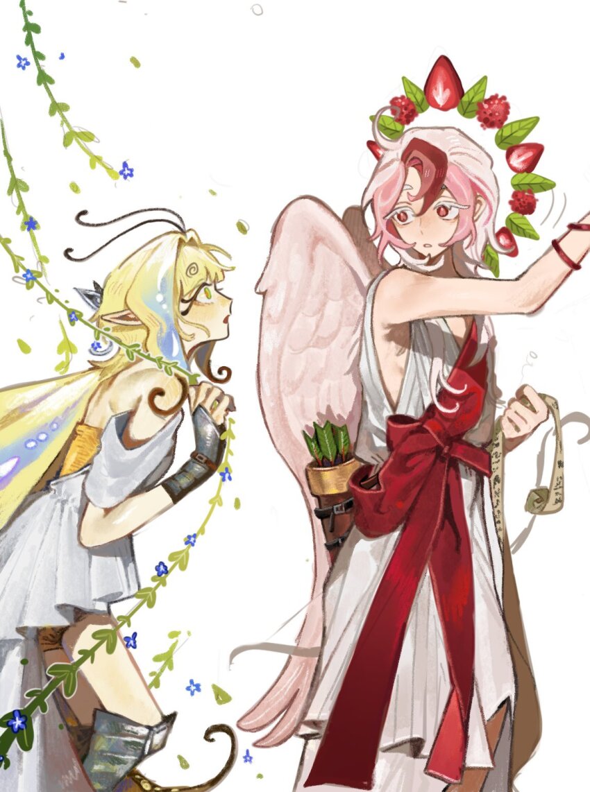 1boy, 1girl, antenna_hair, armored_boots, blonde_hair, boots, butterfly_wings, colored_skin