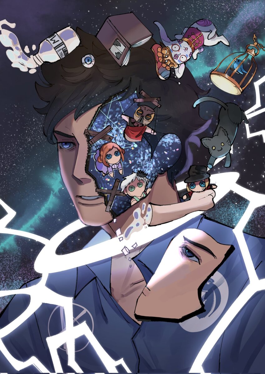 1boy, bird, birdcage, black_hair, blue_eyes, blue_shirt, bluebird, book