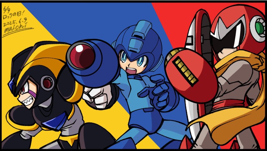 3boys, agetatekoron2, arm_cannon, armor, assault_visor, bass_(mega_man), black_armor, black_helmet