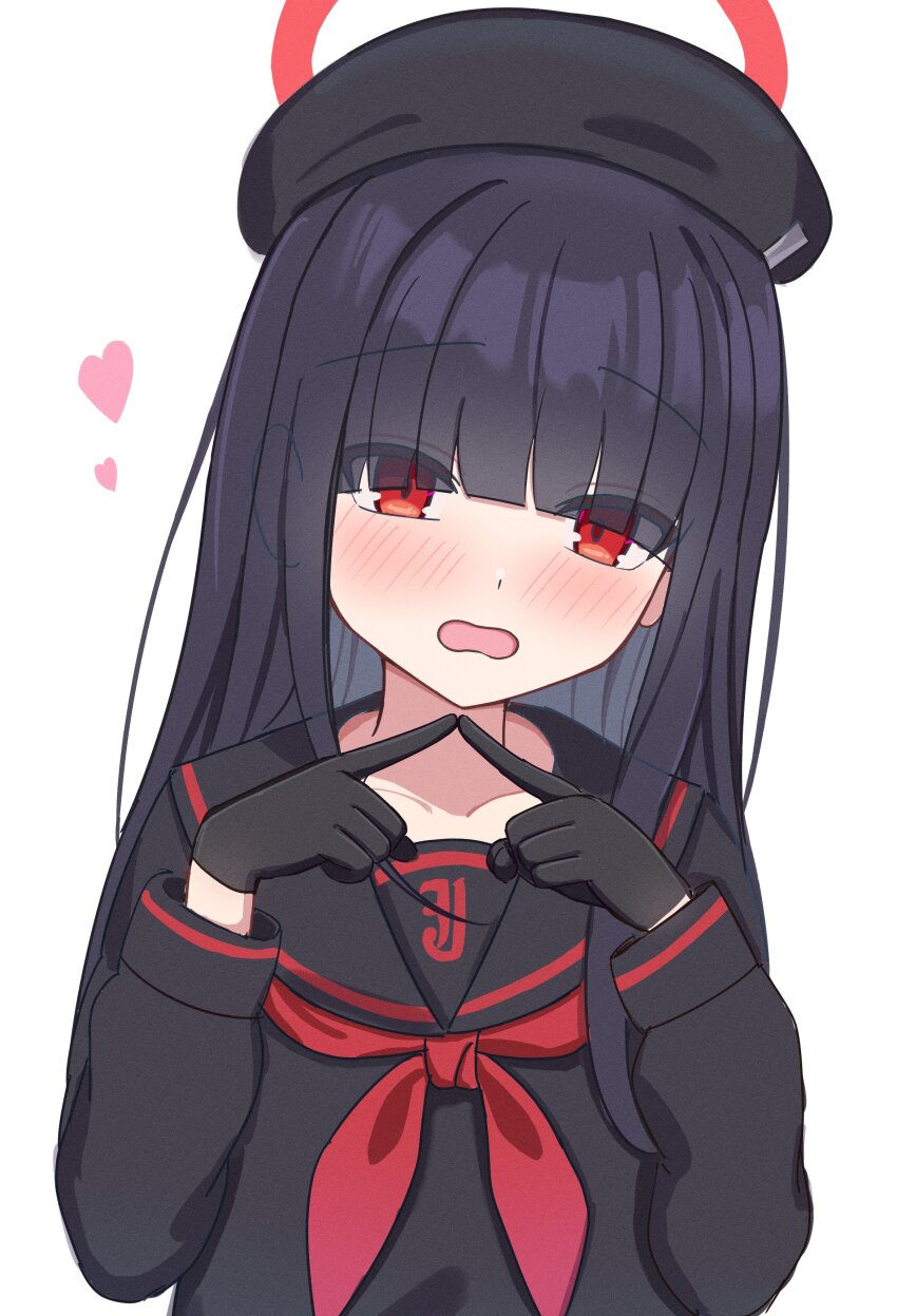 1girl, absurdres, beret, black_gloves, black_hair, black_hat, black_sailor_collar, black_shirt, blue_archive, blunt_bangs, collarbone, eyes_visible_through_hair, gloves, hair_over_eyes, halo, hat, head_tilt, heart, highres, index_fingers_together, justice_task_force_member_(blue_archive), light_blush, neckerchief, onemune6, open_mouth, raised_eyebrows, red_eyes, red_halo, red_neckerchief, sailor_collar, sailor_shirt, shirt, solo, upper_body, white_background